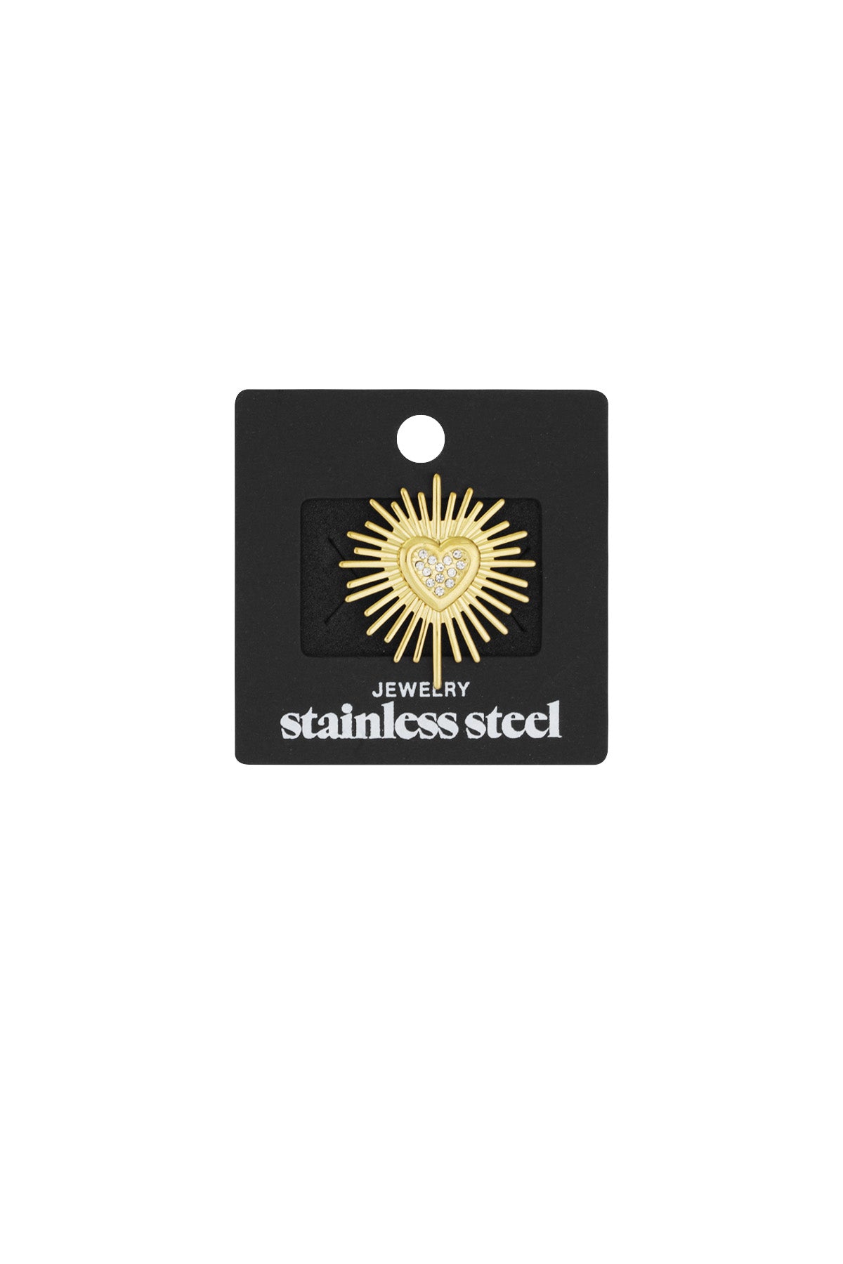 Gold sunburst heart brooch displayed on black branded stainless steel jewelry card