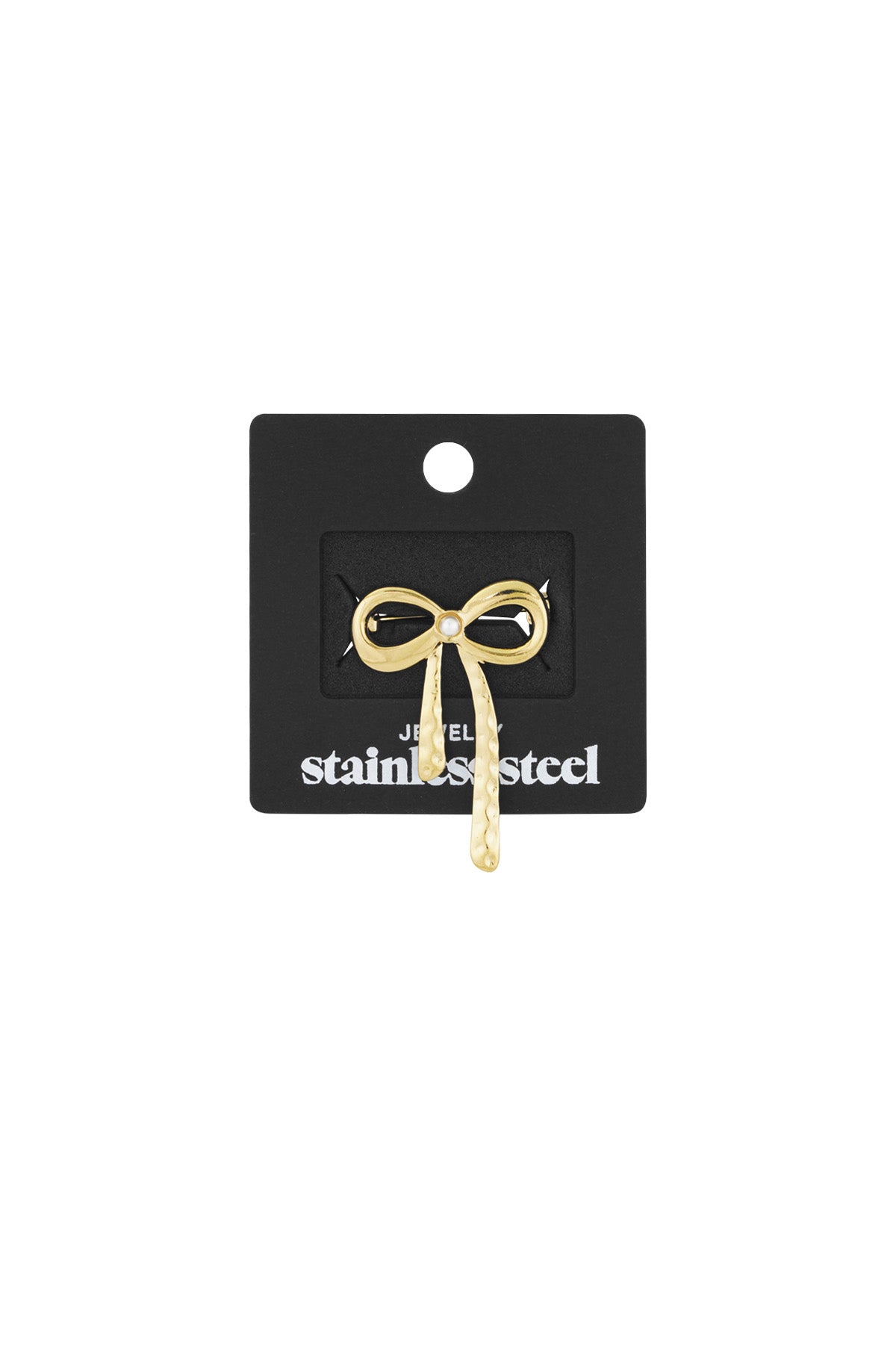 Gold hammered bow brooch displayed on black packaging card labeled stainless steel jewelry
