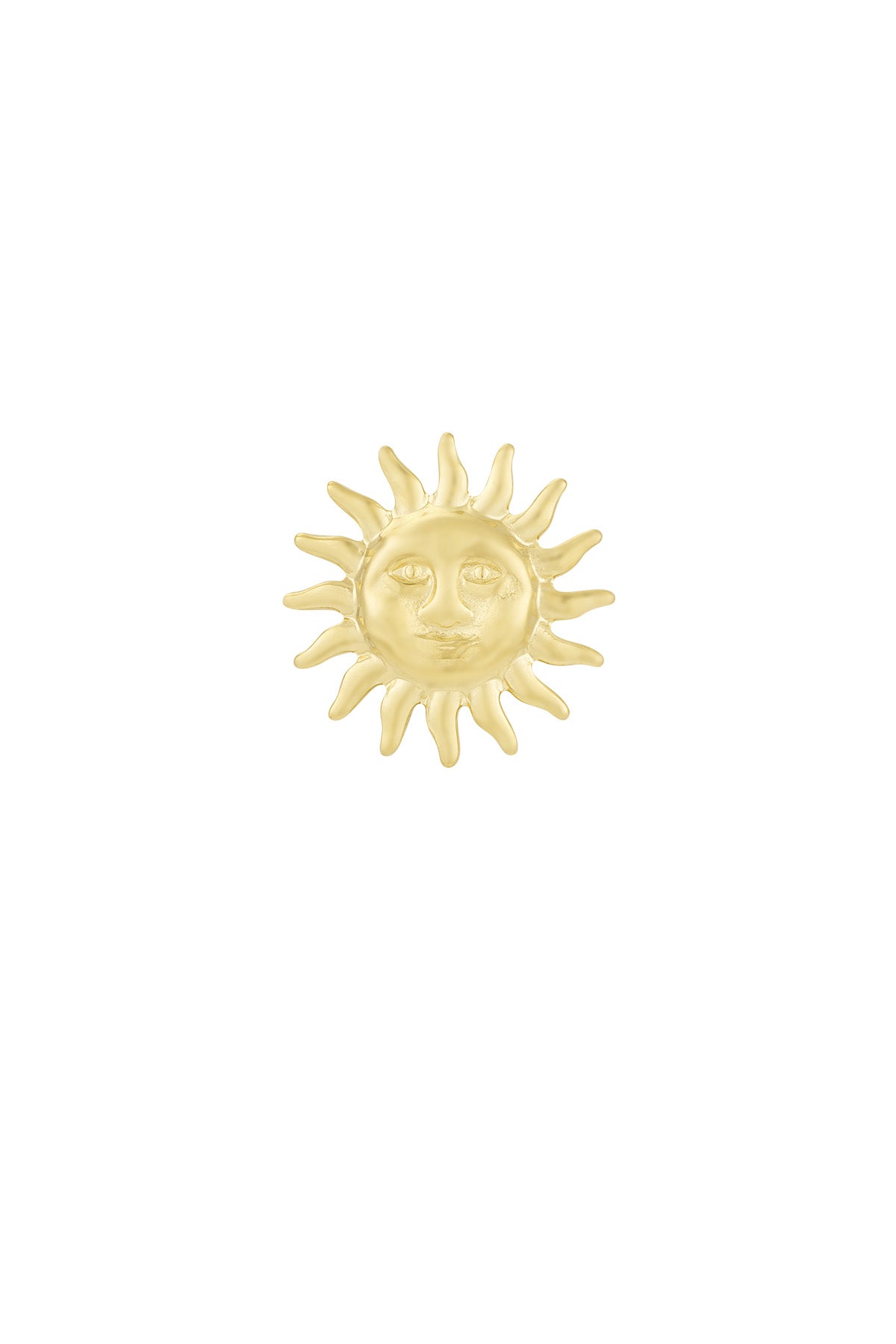 Close-up of a gold-toned metal brooch shaped like a radiant sun with a smiling face on a white background