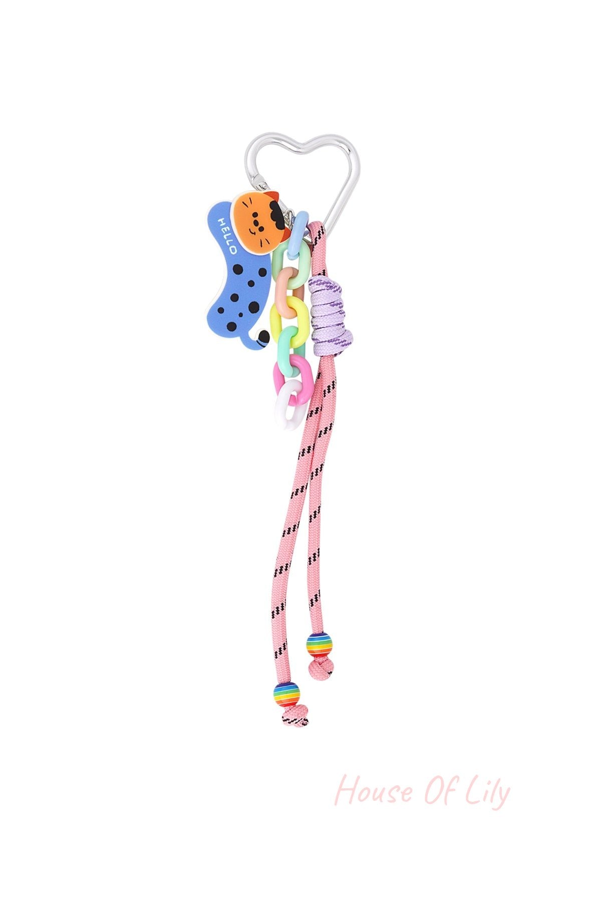 Silver heart-shaped clip bag charm with orange-spotted blue cat acrylic charm, pastel plastic links, pink cord with black details, and rainbow beads