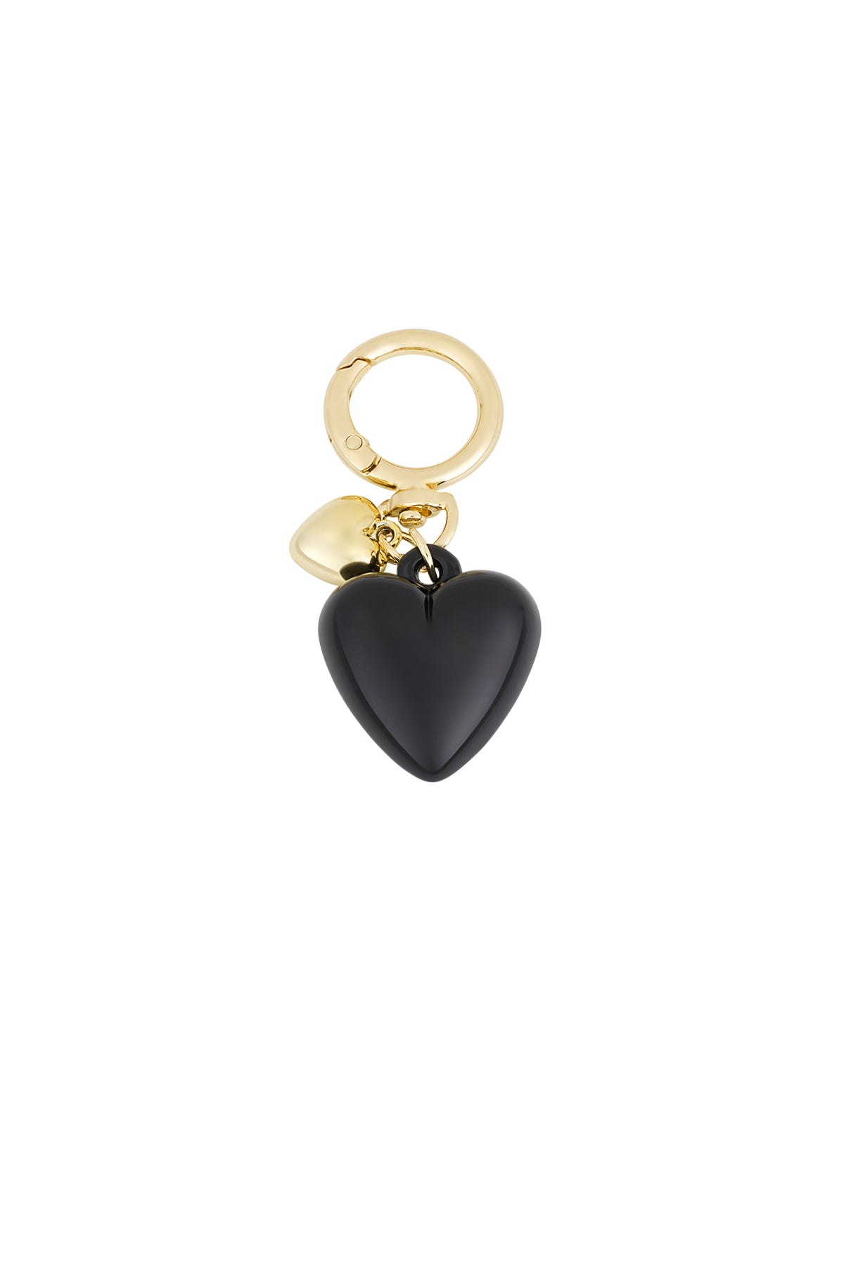 Glossy black heart pendant keychain with gold-tone ring and mini heart charm on white background