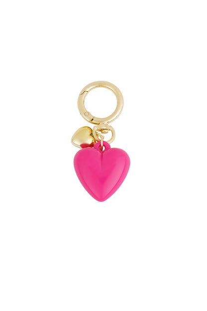 Glossy vibrant pink heart pendant keychain with gold-tone ring and mini heart charm on white background