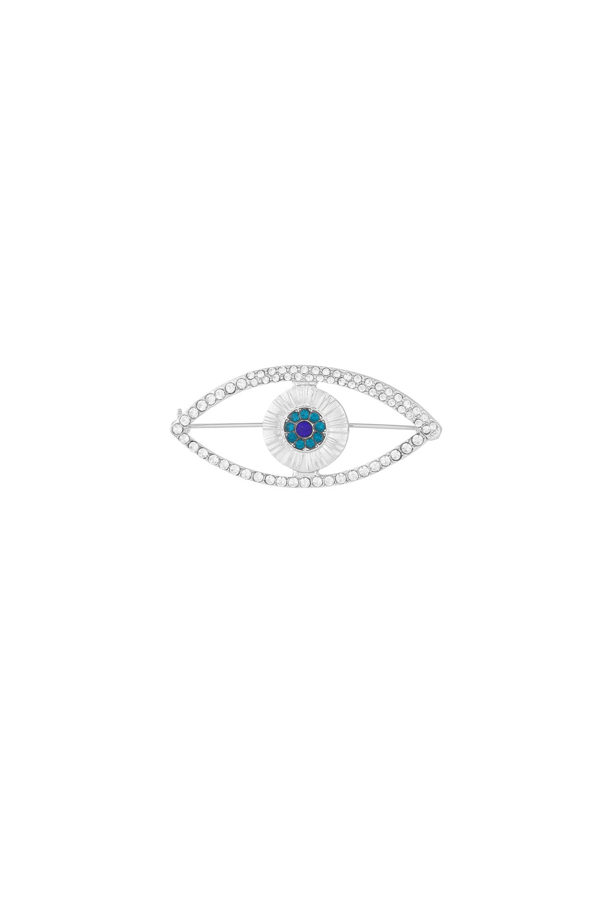 Silver-tone evil eye brooch with clear crystals outlining the eye shape and blue crystals in the center on white background