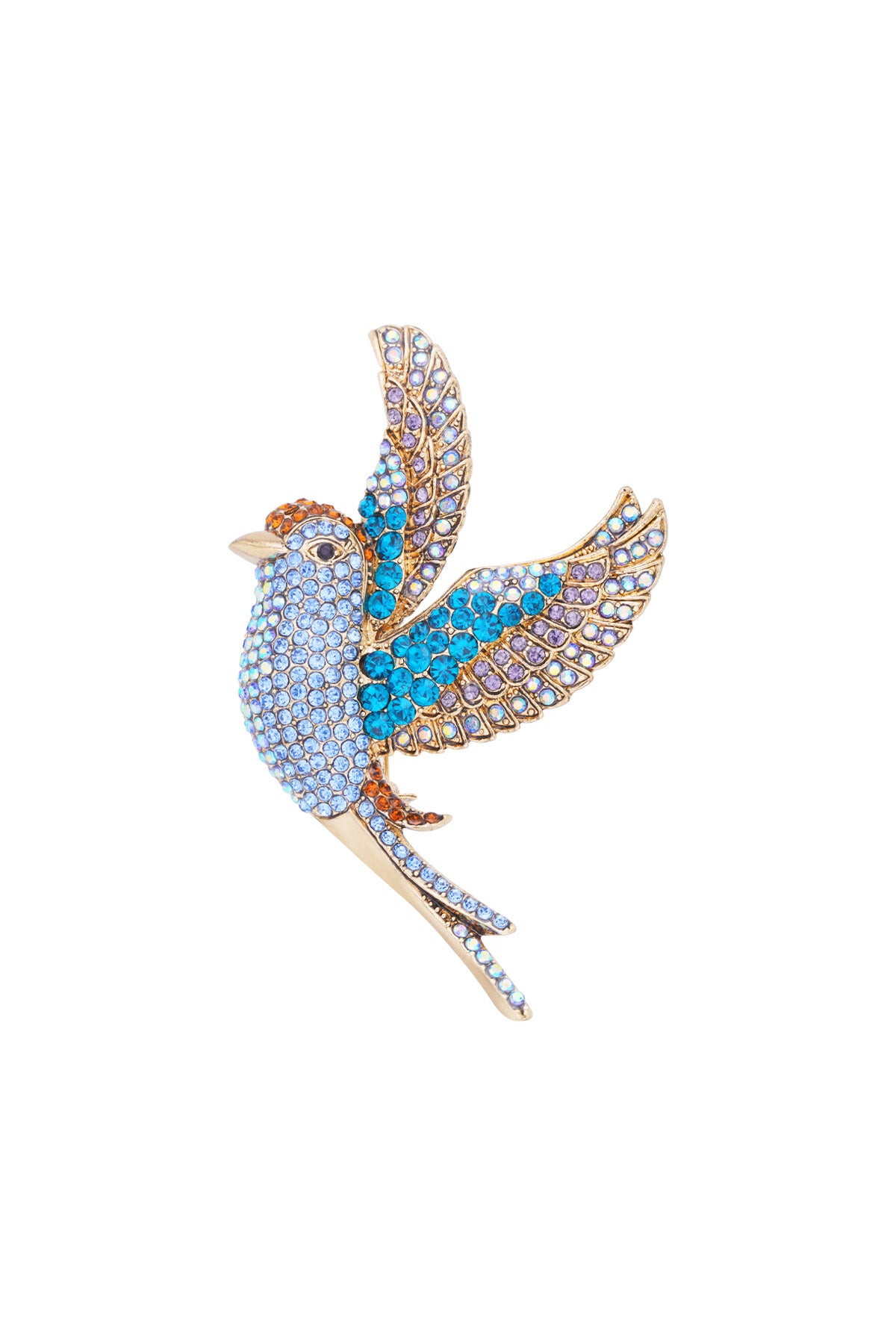 Close-up of sparkling bird brooch with blue, purple, and orange rhinestones on alloy base