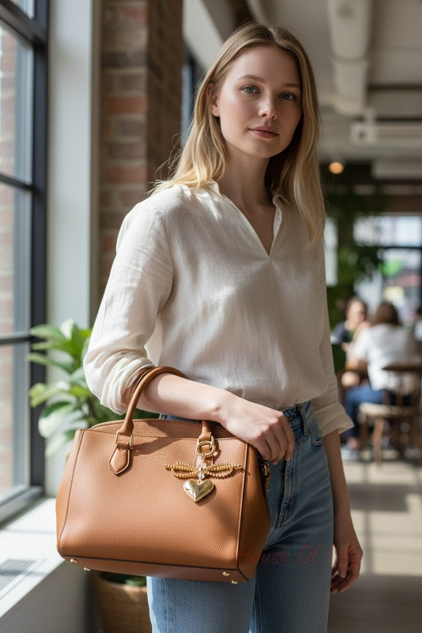 Golden heart and bow keychain in polished gold, dangling from a tan leather handbag held by a woman.