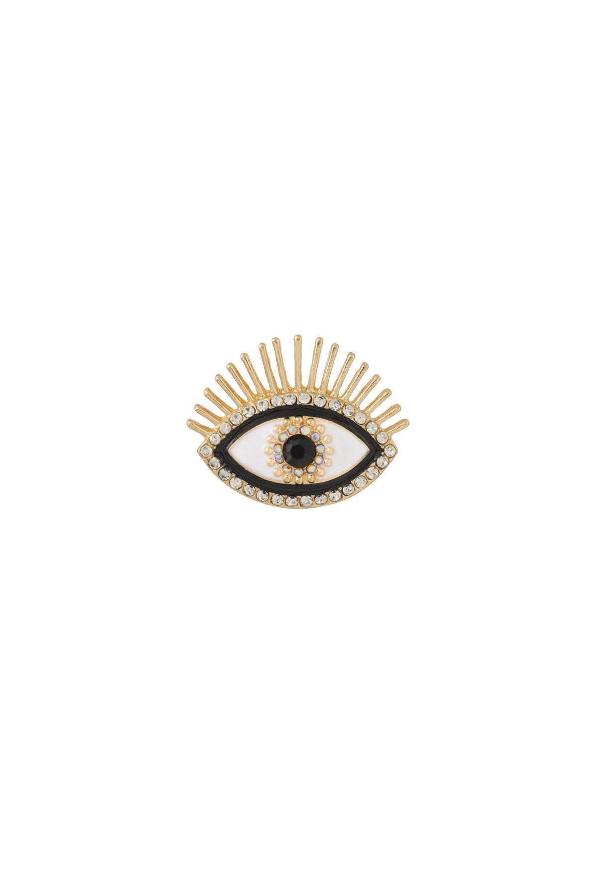 Gold-tone eye-shaped brooch with clear rhinestones and black enamel details on a white background