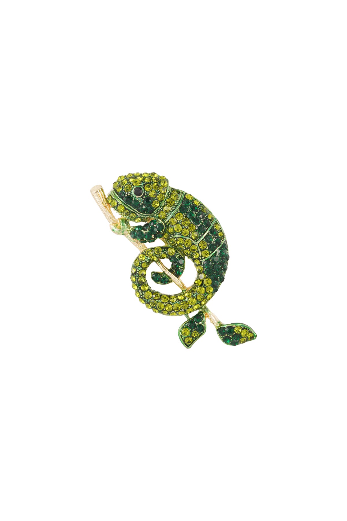 Close-up of a green rhinestone chameleon brooch with yellow and dark green stones on an alloy branch on a white background