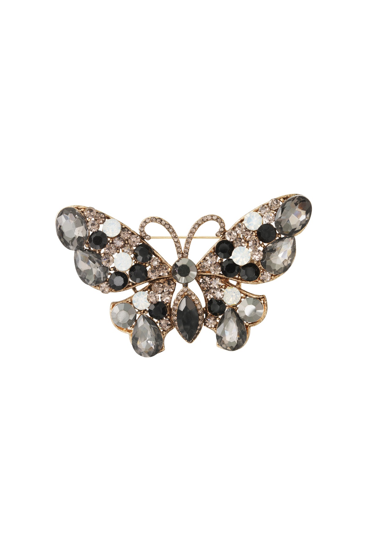 Smoky gray and black crystal butterfly brooch with white stones on a gold alloy base