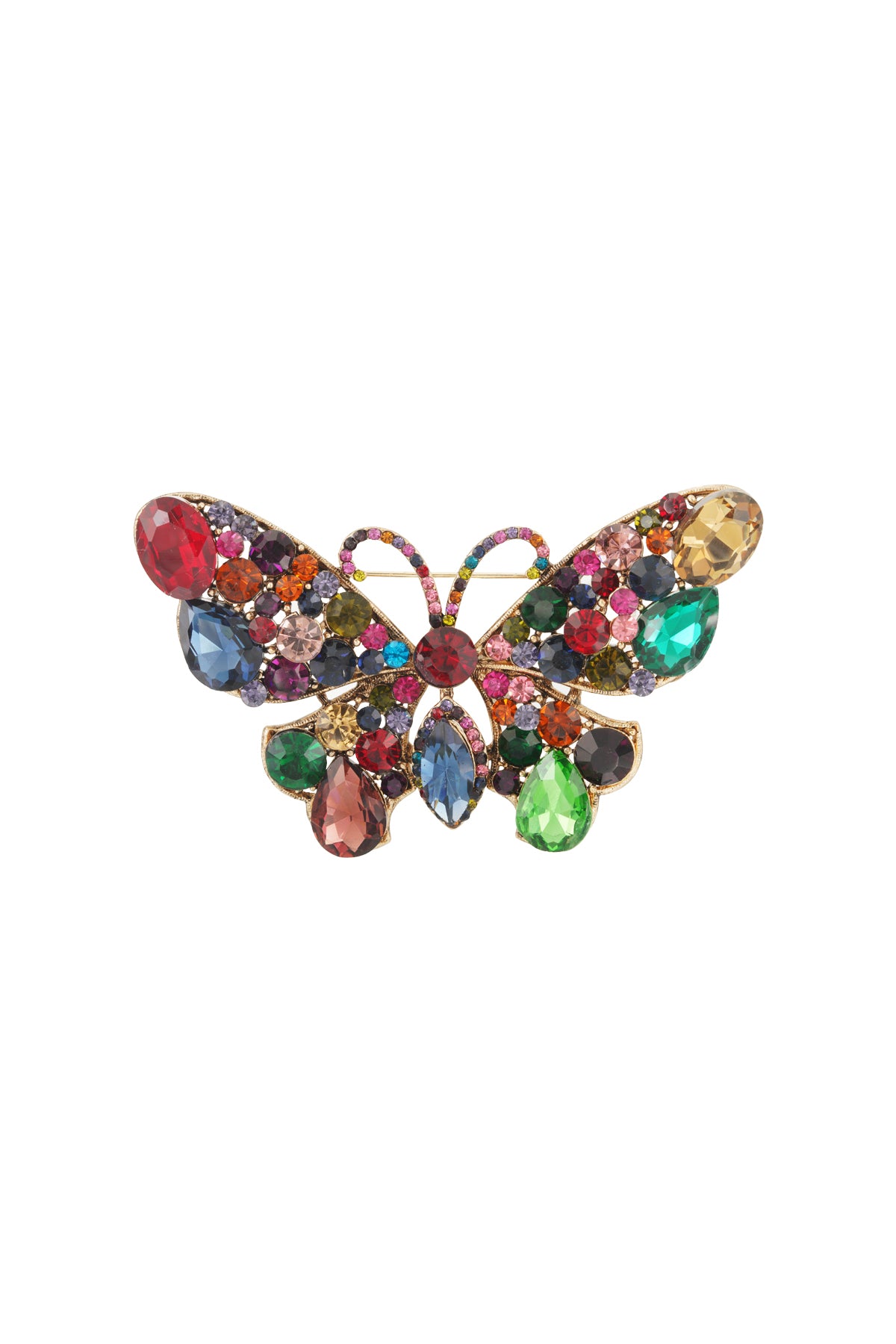 Multicolor butterfly brooch featuring vibrant crystals on a gold alloy base
