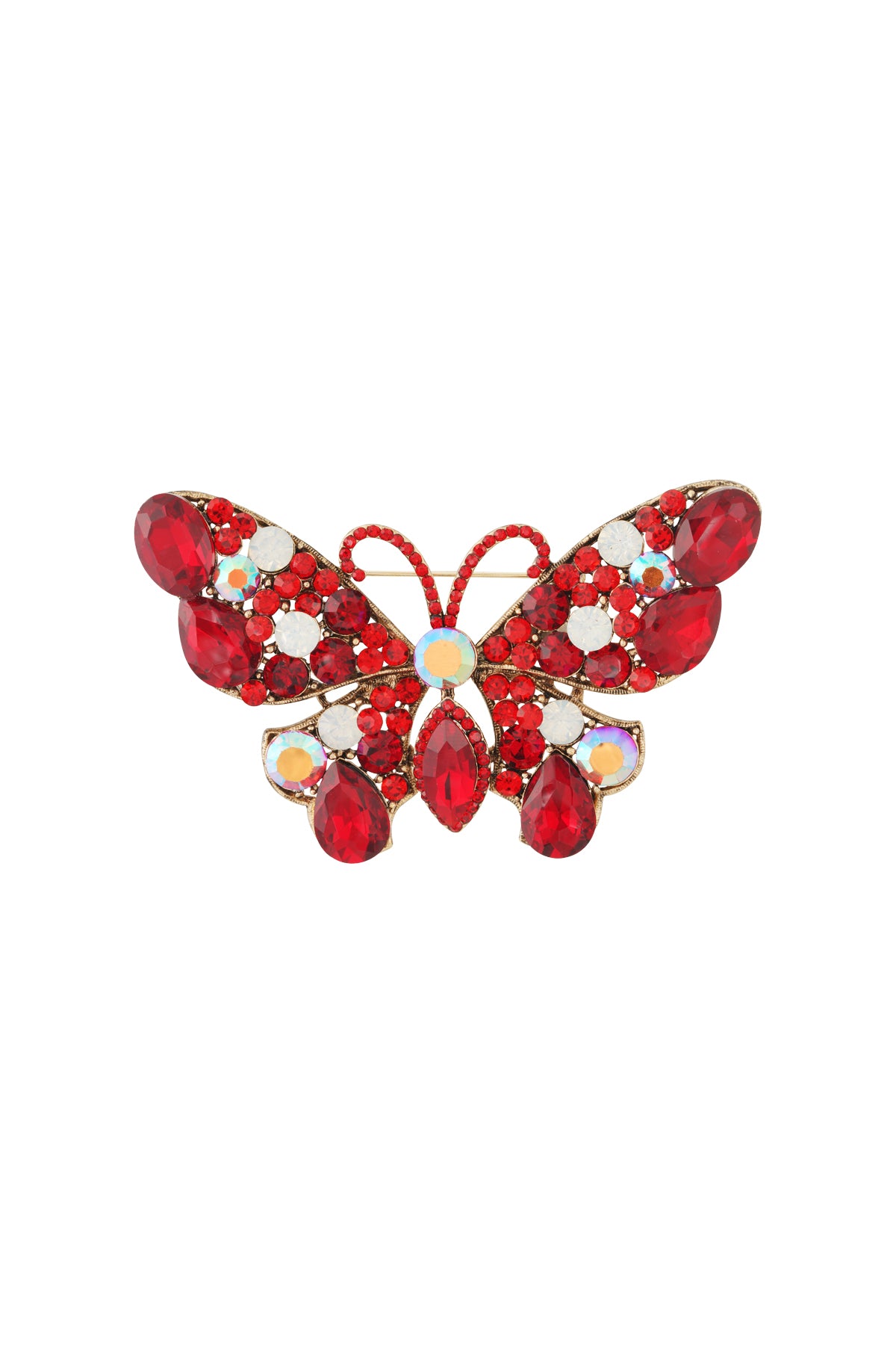 Ruby red and white crystal butterfly brooch with iridescent accents on a gold alloy base