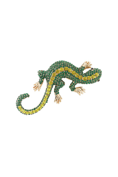 Close-up of green and yellow crystal gecko brooch on white background