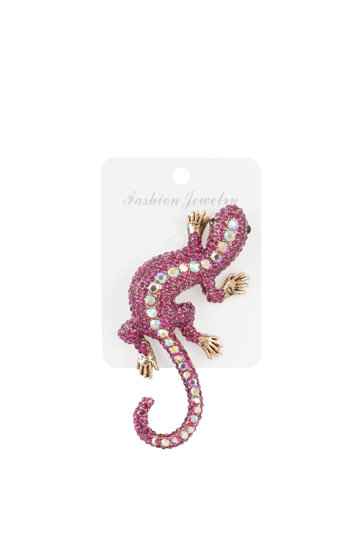 Fuchsia and iridescent crystal gecko brooch on a white fashion jewelry card