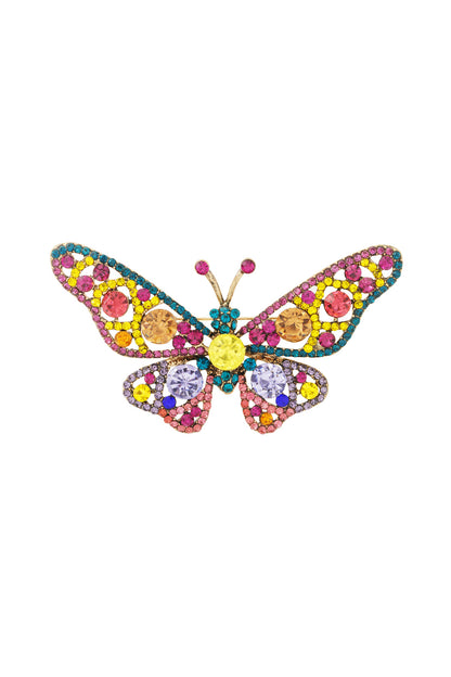 Close-up of multicolor butterfly brooch with pink, yellow, blue, and purple rhinestones set on gold alloy