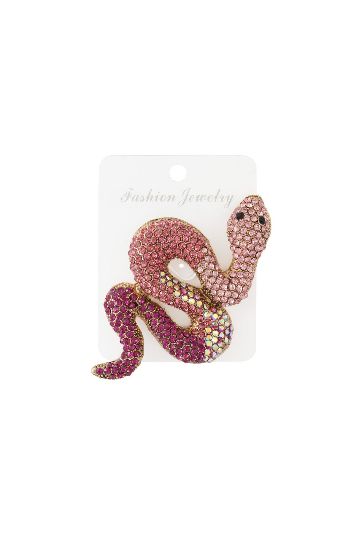 Pink and purple crystal snake brooch attached to white card labeled Fashion Jewelry