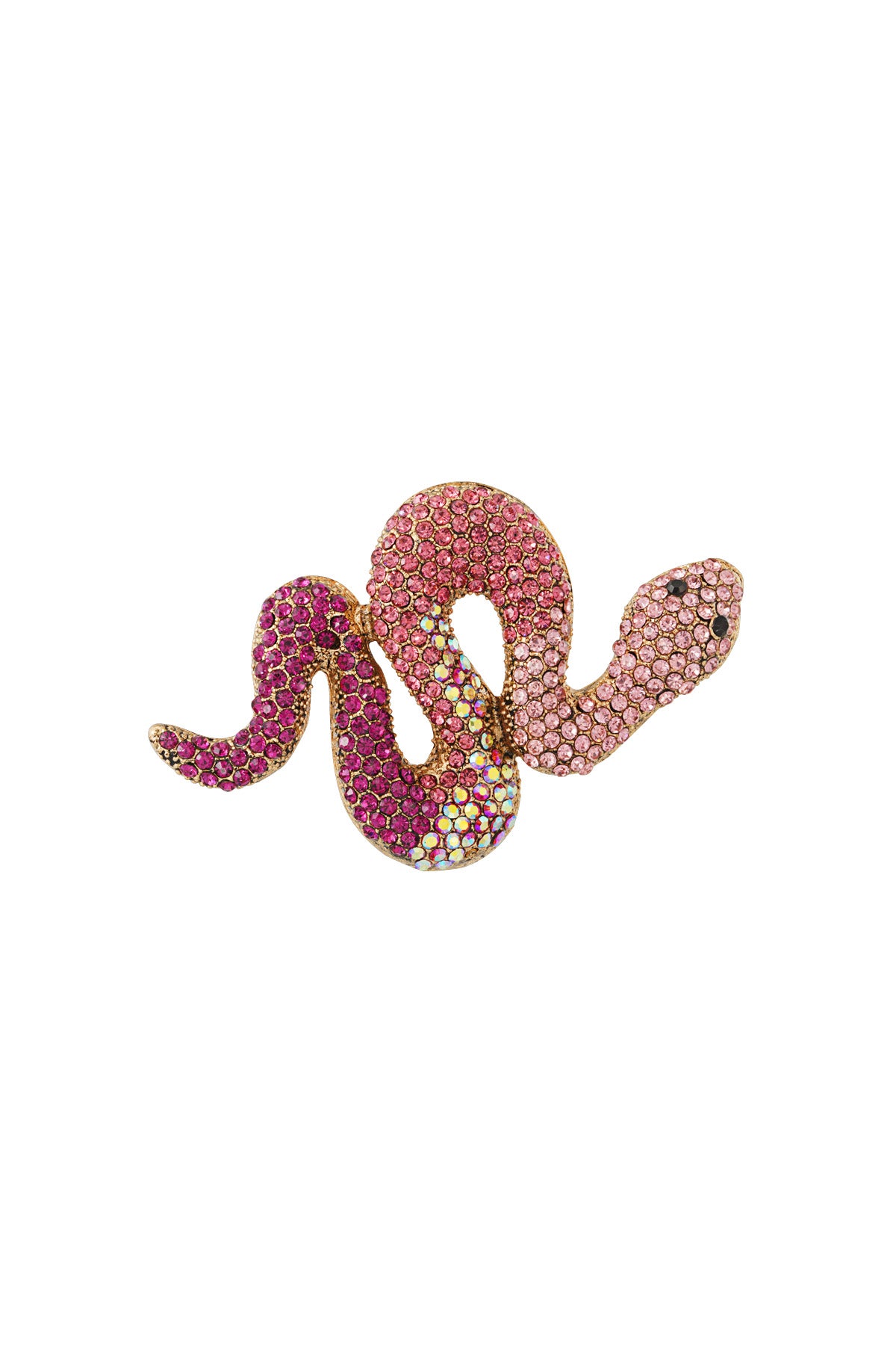 Crystal snake brooch with pink and purple crystals on white background