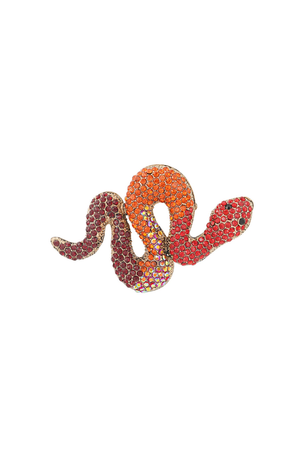 Front view of red and orange crystal snake brooch on white background