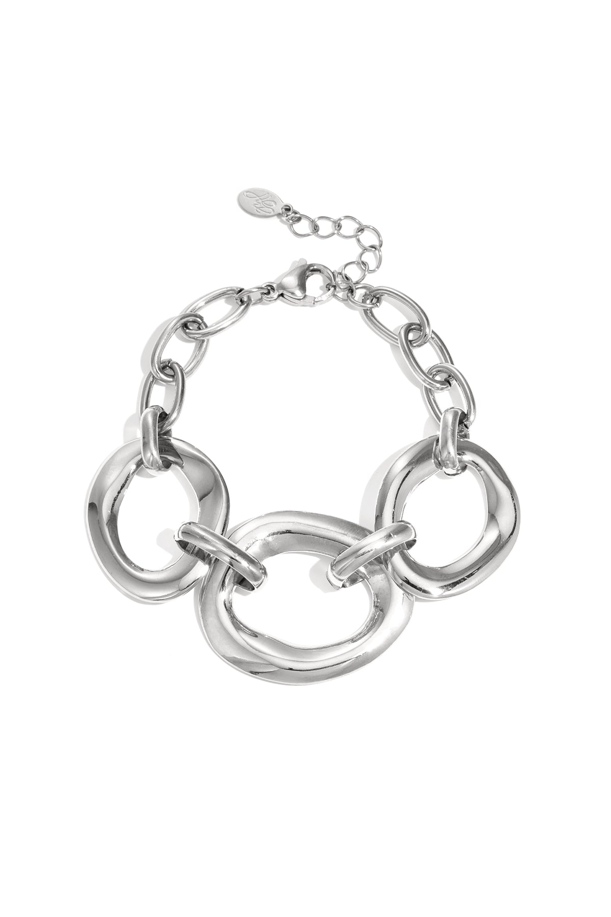 Silver chunky link bracelet with three large irregular oval links and lobster clasp on white background