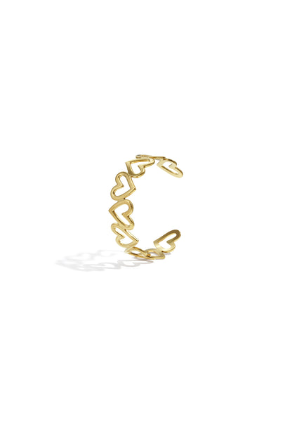 Gold-tone open cuff bracelet featuring linked hollow heart shapes on white background