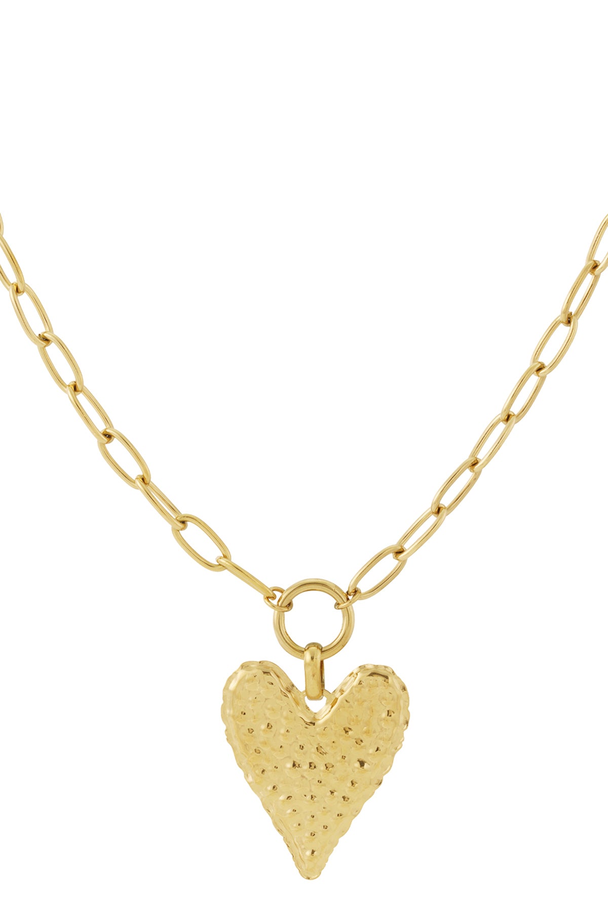 Close-up of gold-plated necklace with a textured hammered heart pendant on a chain with oval links