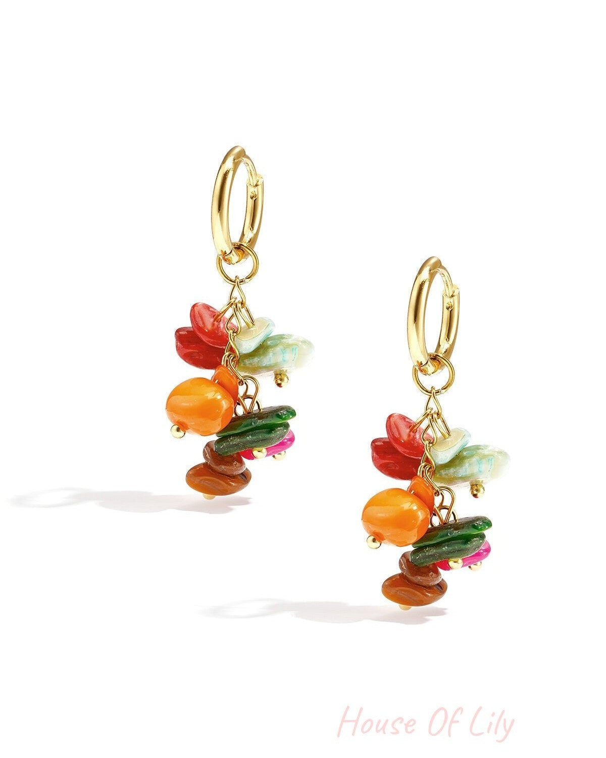 Small hoop earrings with dangling stones and beads