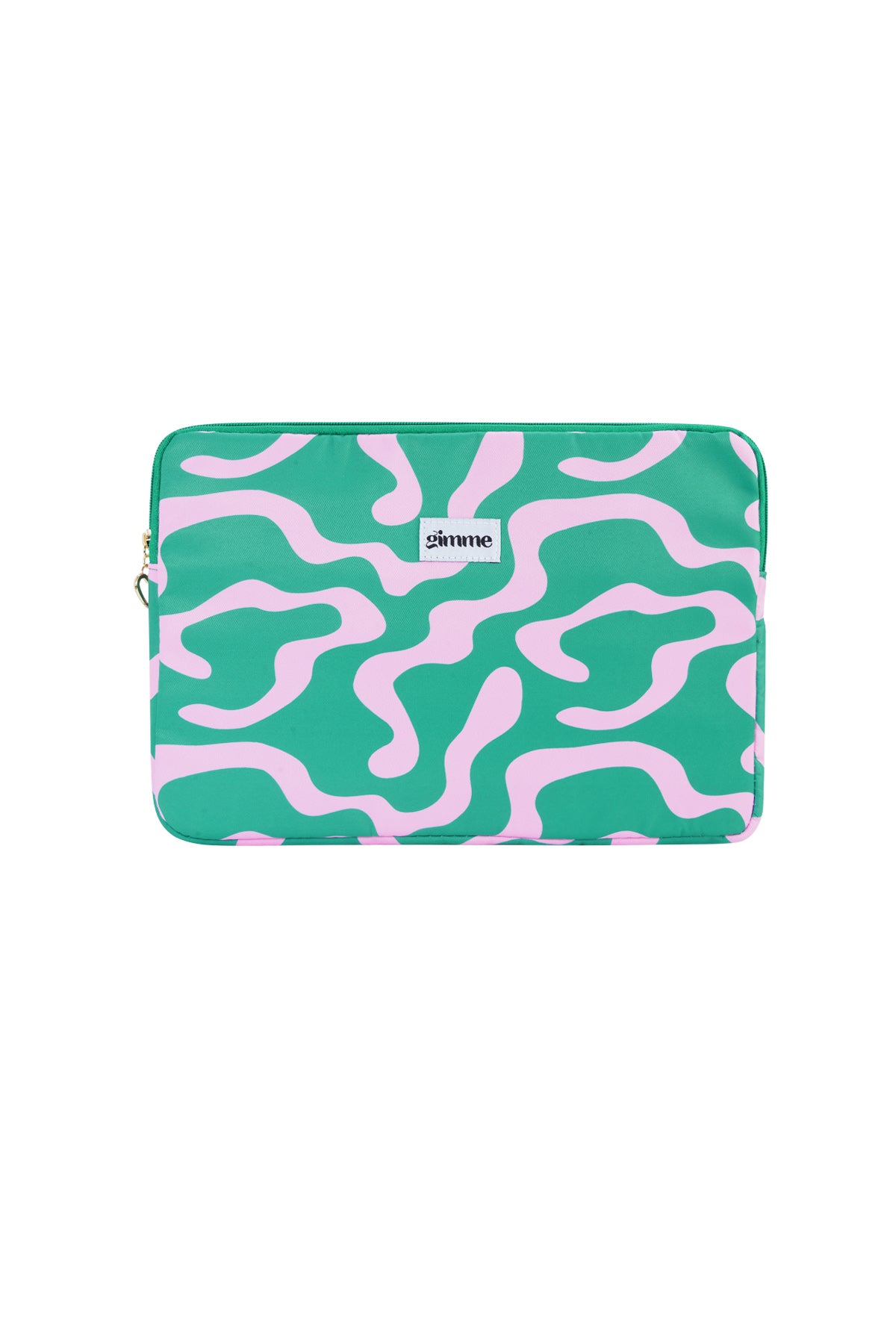 Green and pink wavy patterned laptop sleeve with gimme label and heart-shaped zipper pull on white background