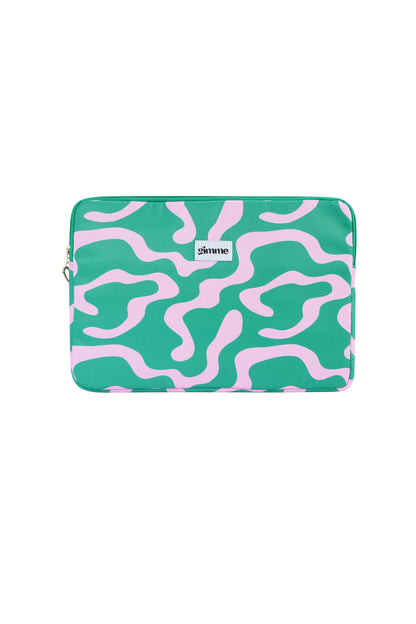 Green and pink wavy patterned laptop sleeve with gimme label and heart-shaped zipper pull on white background