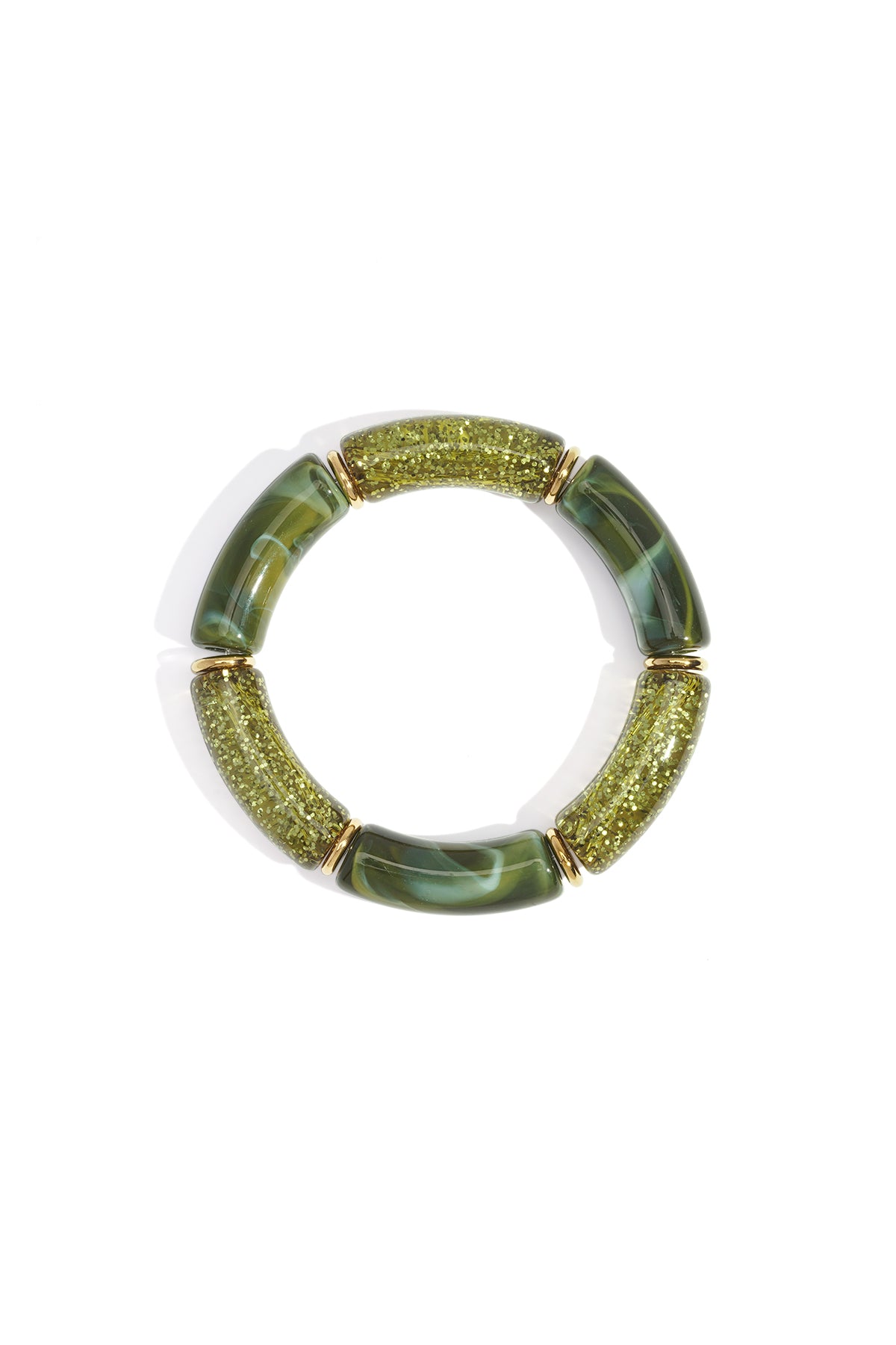 Green glitter and marbled resin beaded stretch bracelet with gold-tone spacers on white background