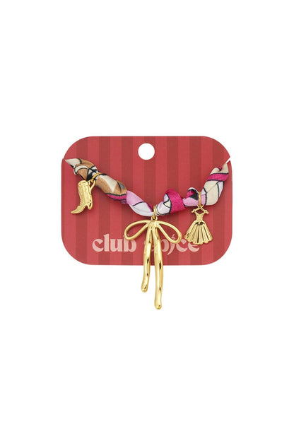 Elegant Bow Knot Bangle with a multicolored fabric ribbon, featuring gold boot, dress, and bow-shaped charms.