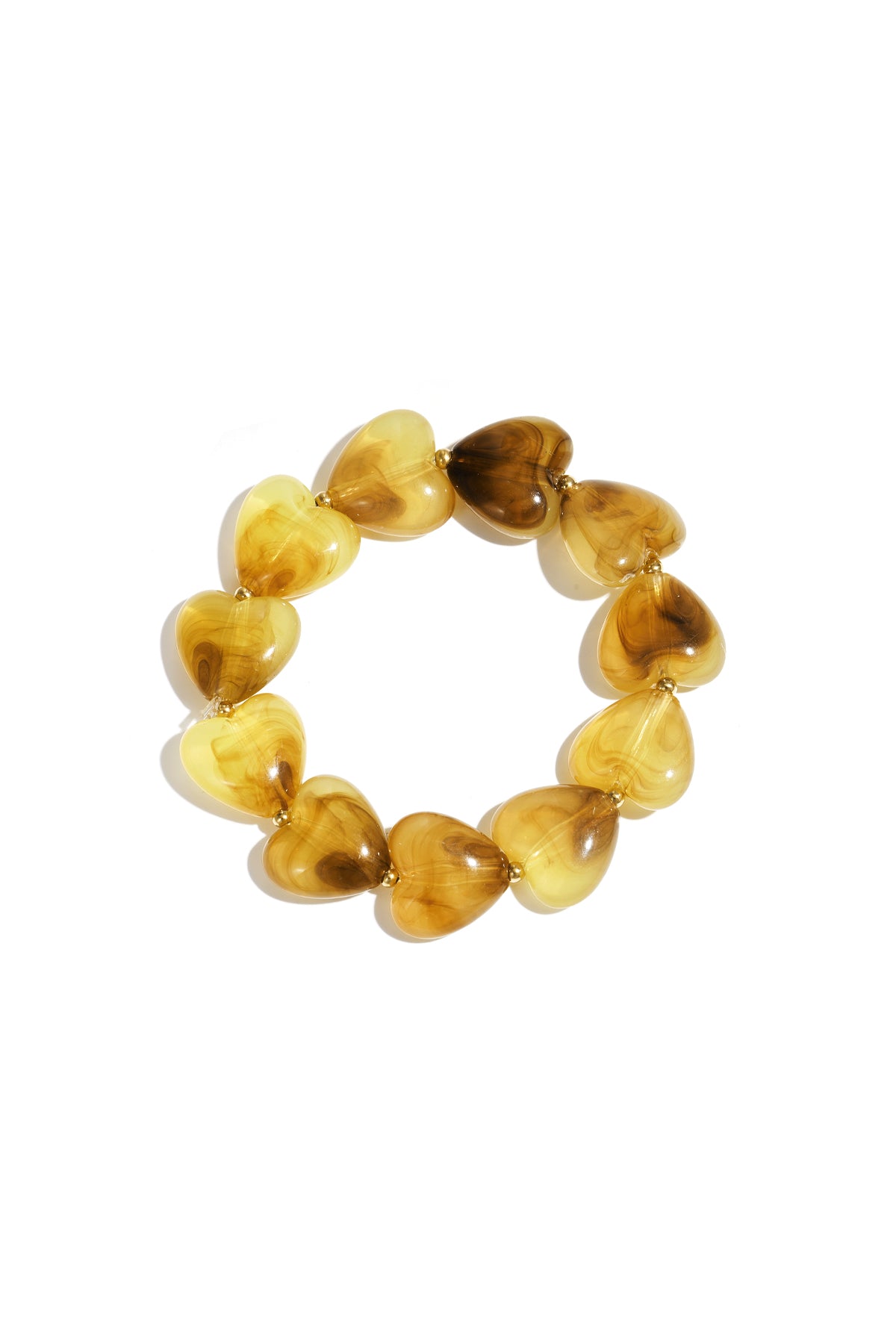 Amber brown marbled heart-shaped bead bracelet laid flat