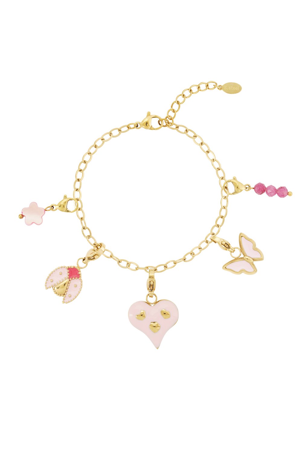 Gold chain charm bracelet with pink enamel charms including a heart, ladybug, butterfly, flower, and beaded dangle.