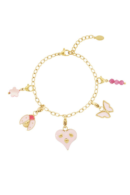 Gold chain charm bracelet with pink enamel charms including a heart, ladybug, butterfly, flower, and beaded dangle.