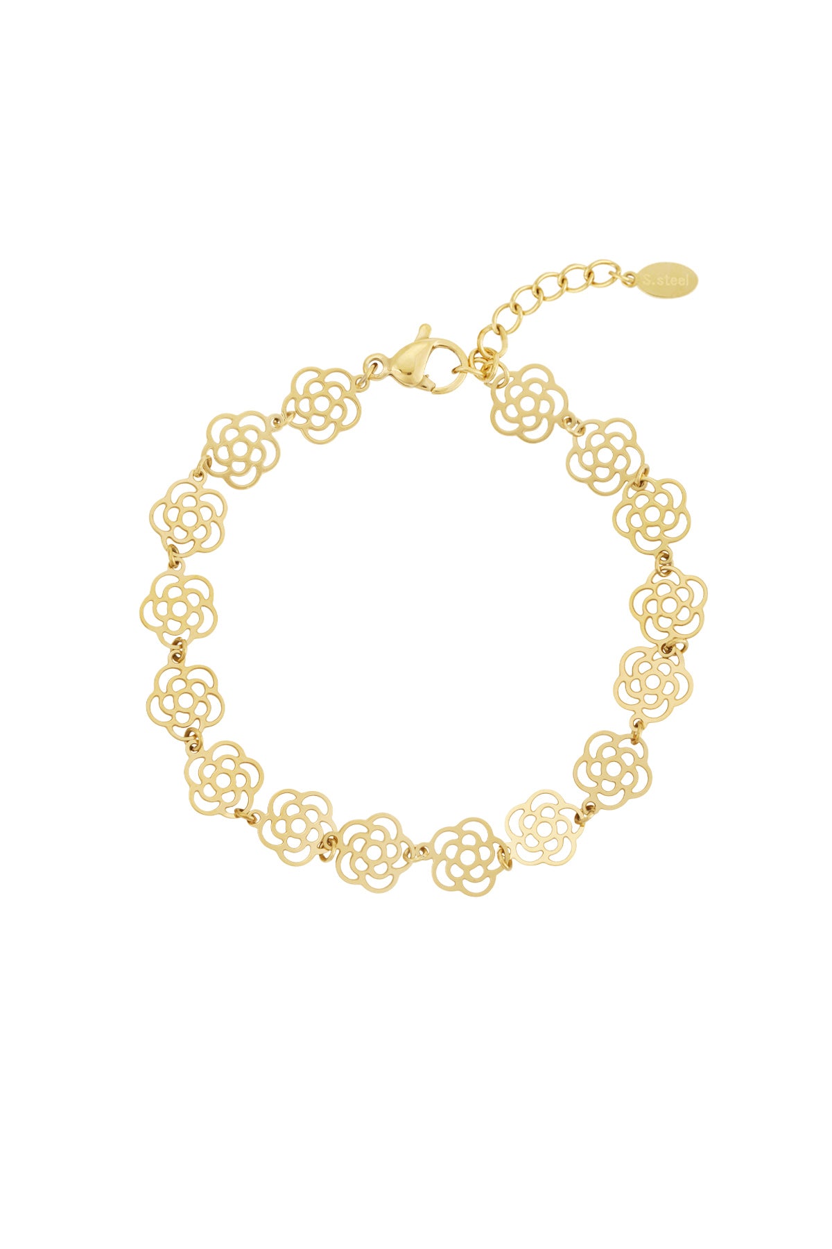 Gold tone delicate rose link bracelet with lobster clasp and adjustable chain on white background