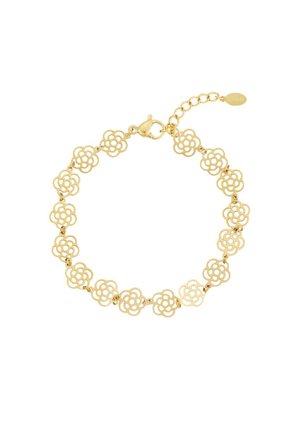Gold tone delicate rose link bracelet with lobster clasp and adjustable chain on white background