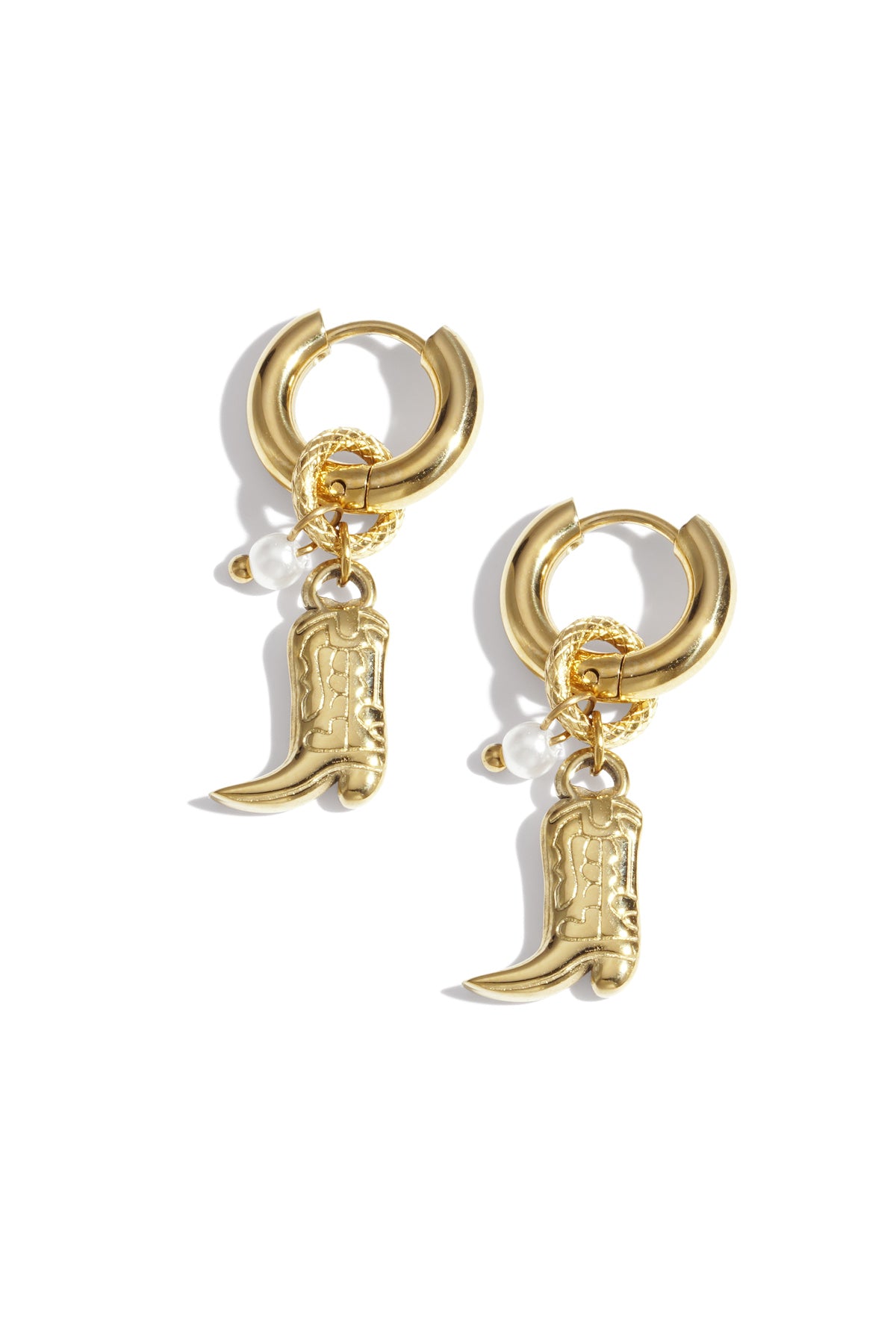 Gold hoop earrings with cowboy boot charms and pearl accents displayed on white background