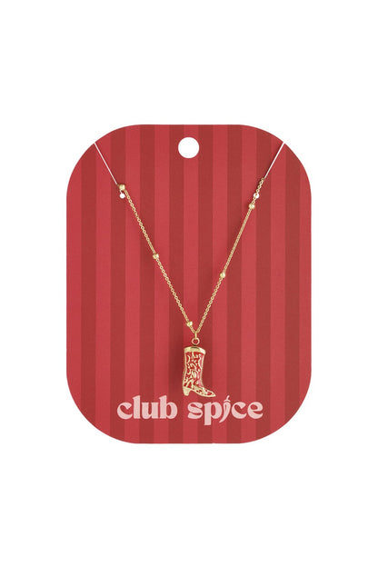 Gold chain necklace featuring a red and gold western cowboy boot pendant on a branded display card.