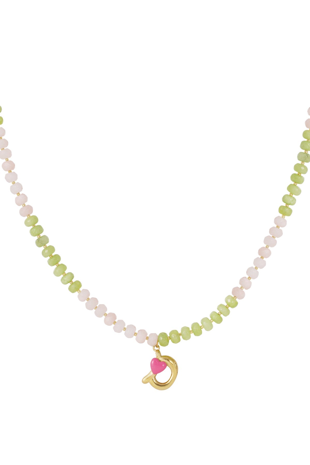 Yellow beads combined with turquoise blue beads and dangling charms including shell, chili pepper, gold letter F with a heart, and a fish