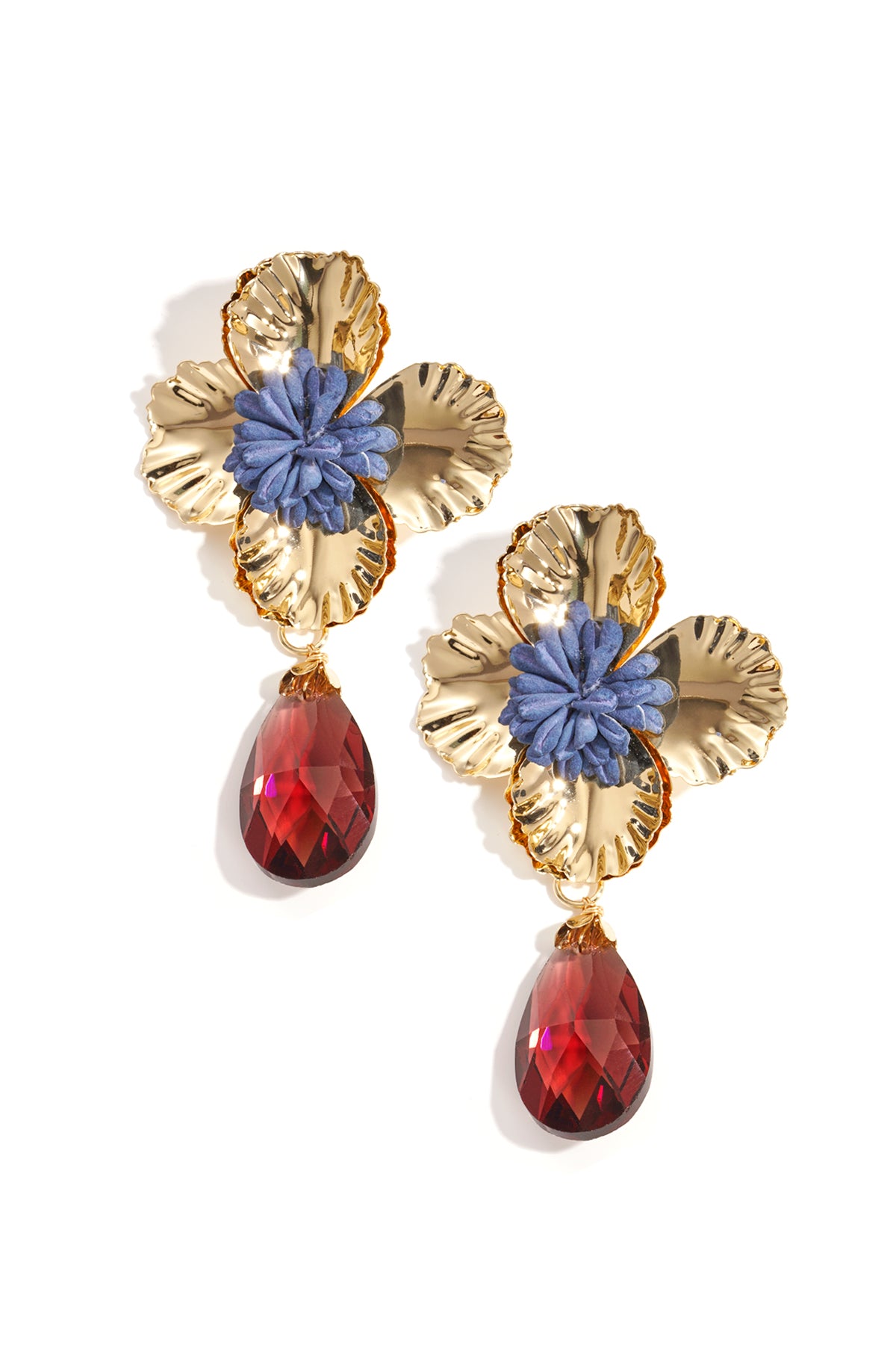 Embroidered Bloom Drops featuring gold metal petals, blue thread centers, and faceted red pear-shaped crystal drops.