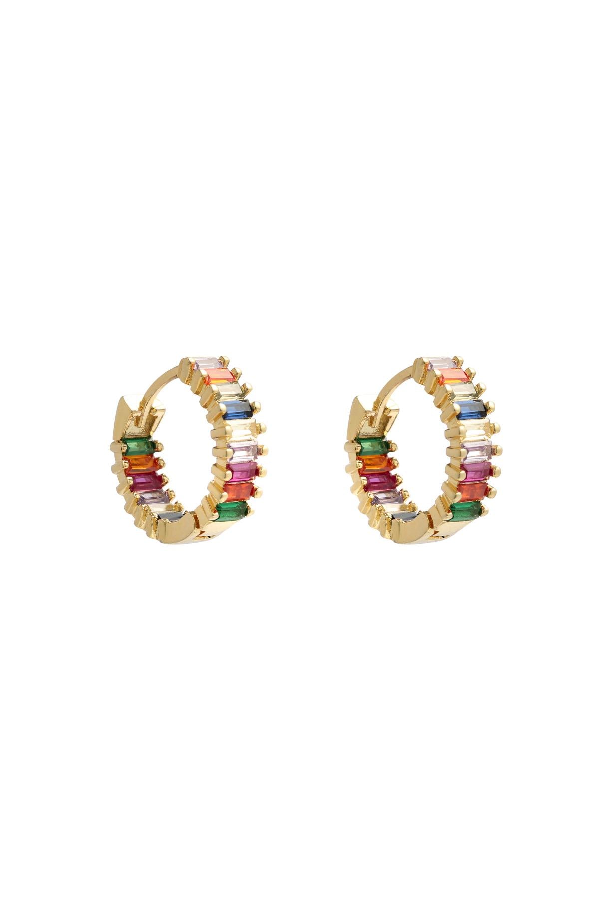 Pair of gold-tone hoop earrings with multicolor baguette rhinestones on white background