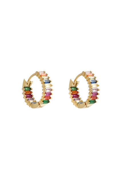 Pair of gold-tone hoop earrings with multicolor baguette rhinestones on white background
