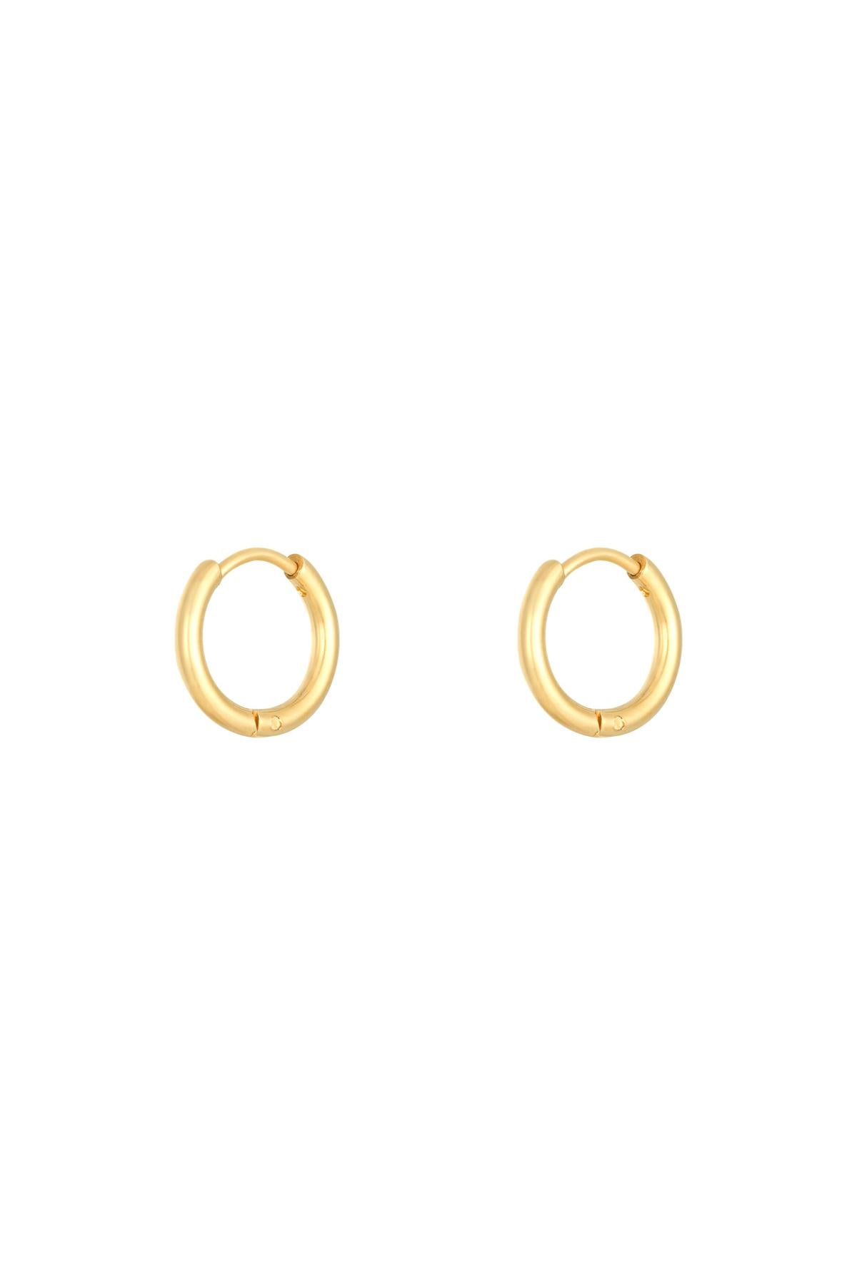 Pair of shiny gold stainless steel hoop earrings with smooth finish and hinged clasps on white background