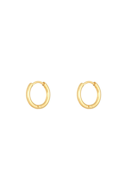 Pair of shiny gold stainless steel hoop earrings with smooth finish and hinged clasps on white background
