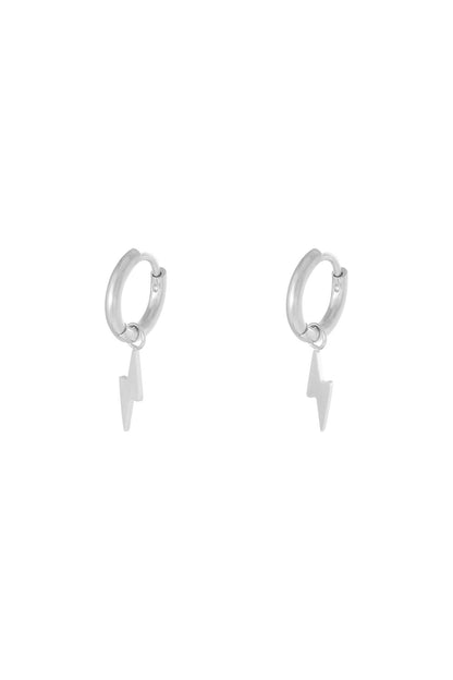 Silver stainless steel hoop earrings with lightning bolt charms on a plain white background