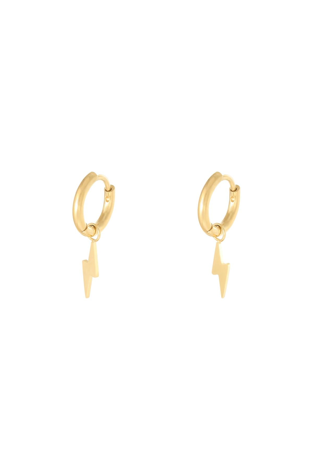 Pair of gold stainless steel hoop earrings each with a dangling lightning bolt charm against a white background