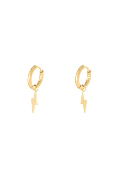 Pair of gold stainless steel hoop earrings each with a dangling lightning bolt charm against a white background
