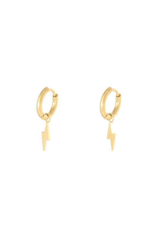 Pair of gold stainless steel hoop earrings each with a dangling lightning bolt charm against a white background