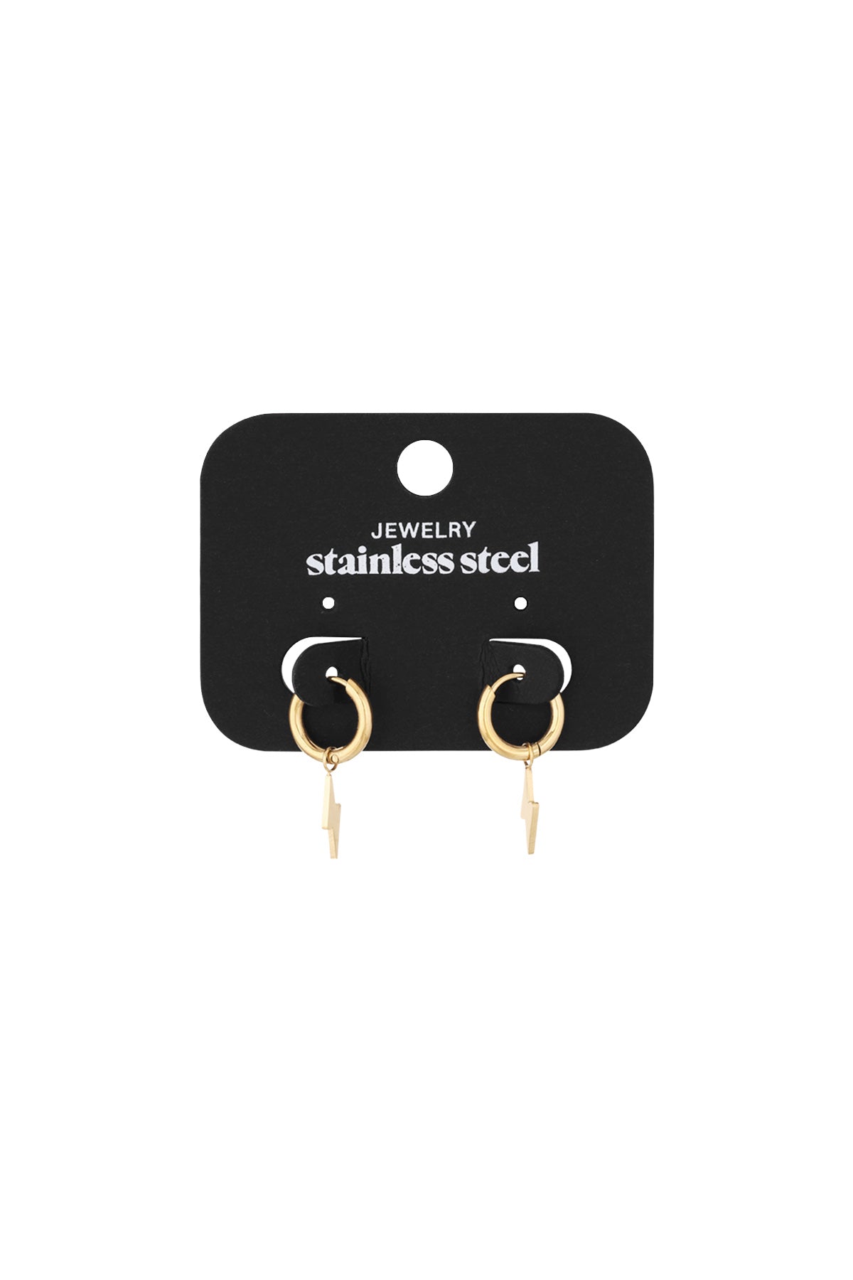 Gold stainless steel lightning bolt charm hoop earrings displayed on a black jewelry card