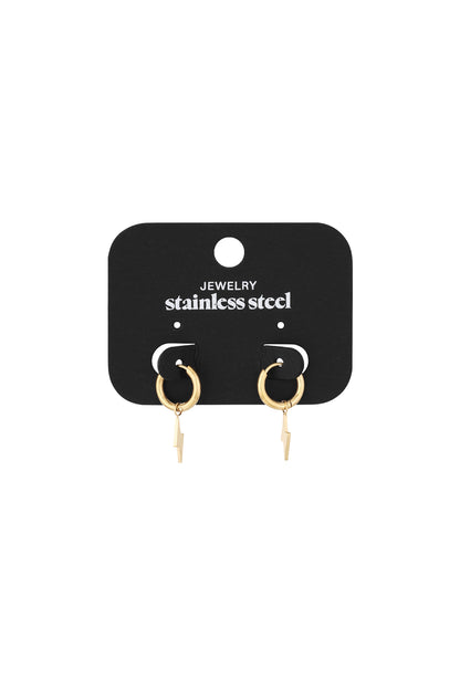 Gold stainless steel lightning bolt charm hoop earrings displayed on a black jewelry card