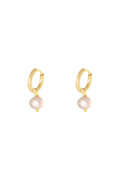 Pair of gold hoop earrings with dangling white pearl charms displayed on a white background.