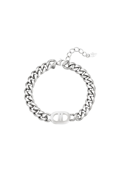 Silver chunky chain link bracelet with oval dual-bar centerpiece and adjustable clasp on white background