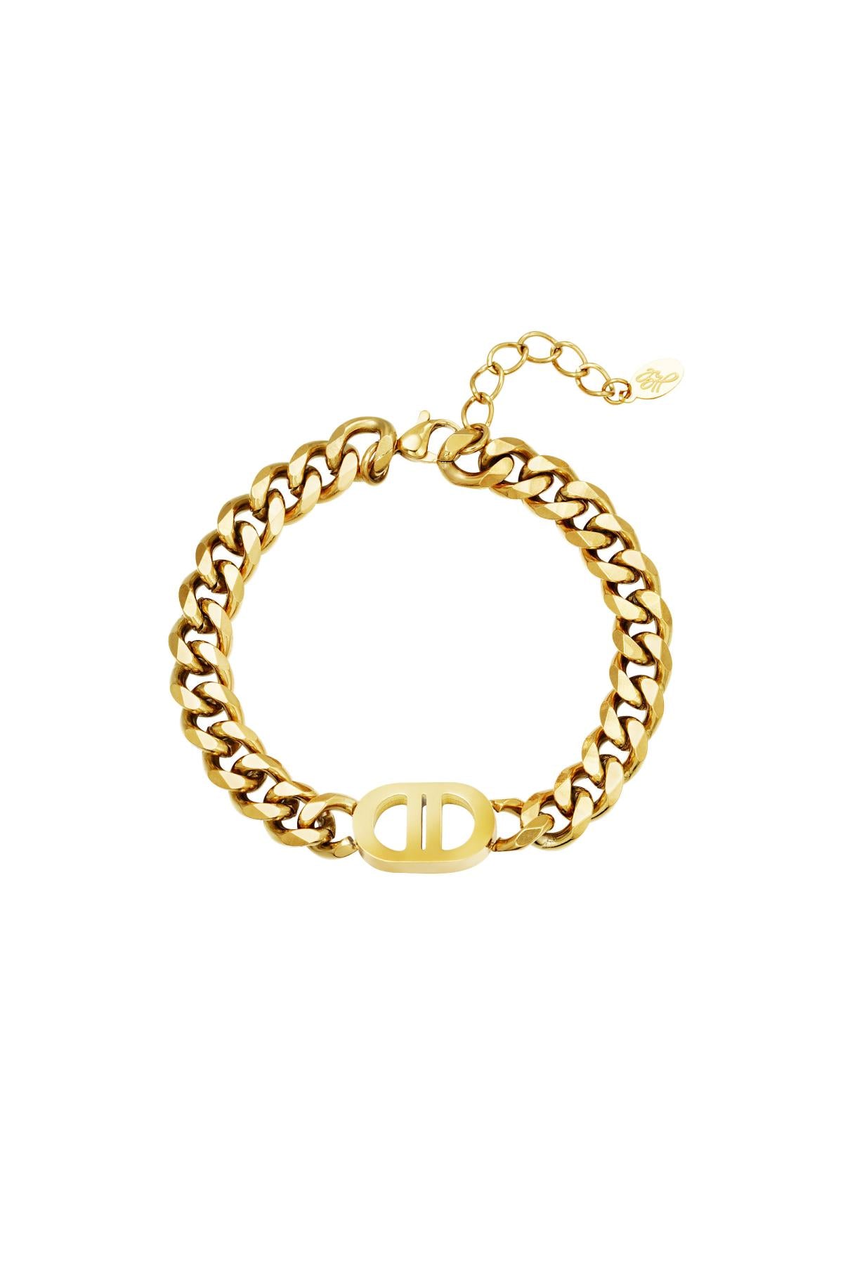 Gold chunky chain link bracelet with oval dual-bar centerpiece and adjustable clasp on white background